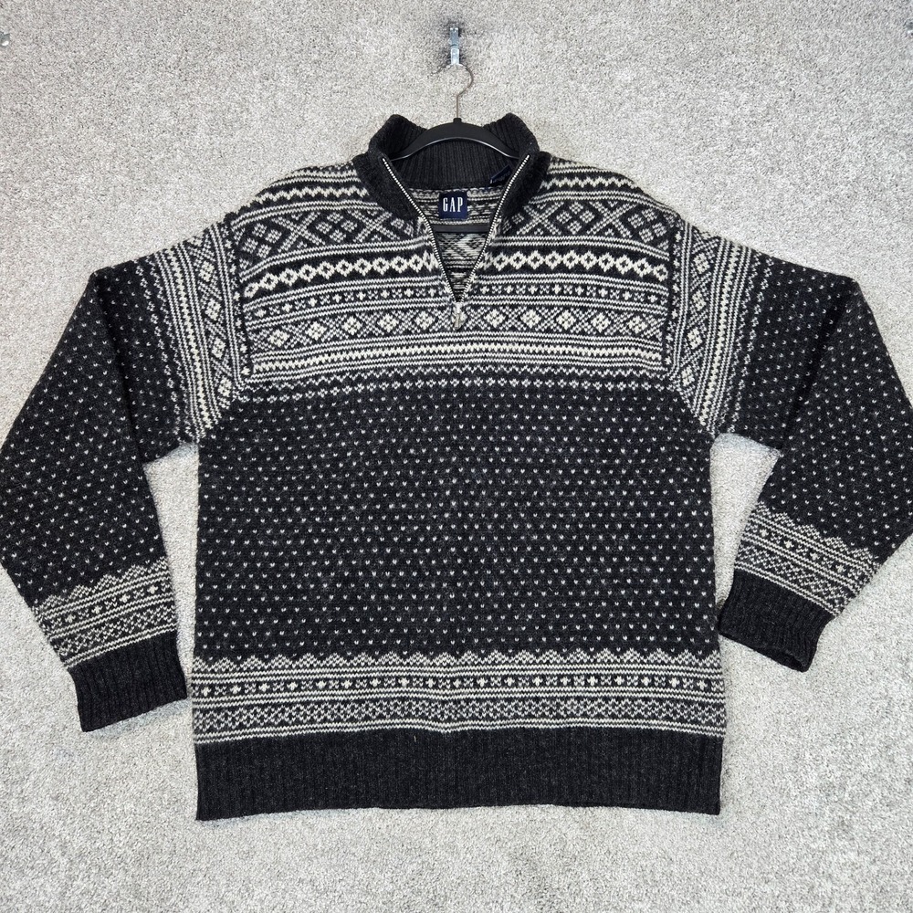 GAP 100% wool Fair Isle 1/4 Zip Sweater Mens Large Nordic Pullover